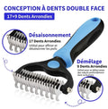 Brosse démêlante bleu et noir pour chiens et chats, double face à 9 et 17 dents arrondies
