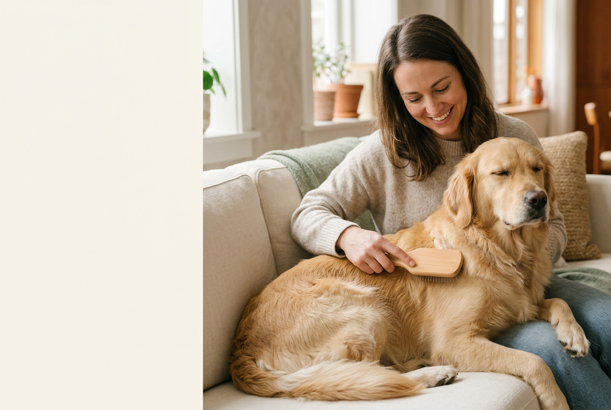 Bannière ByeBye Poils avec une femme qui brosse son chien dans un intérieur chaleureux