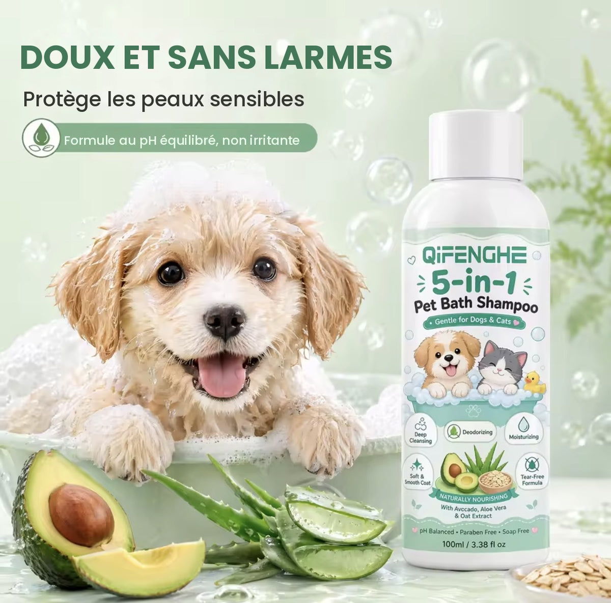 Shampoing 5-en-1 pour chien et chat – Avoine, aloès et avocat