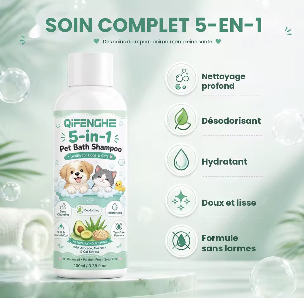 Shampoing 5-en-1 pour chien et chat – Avoine, aloès et avocat