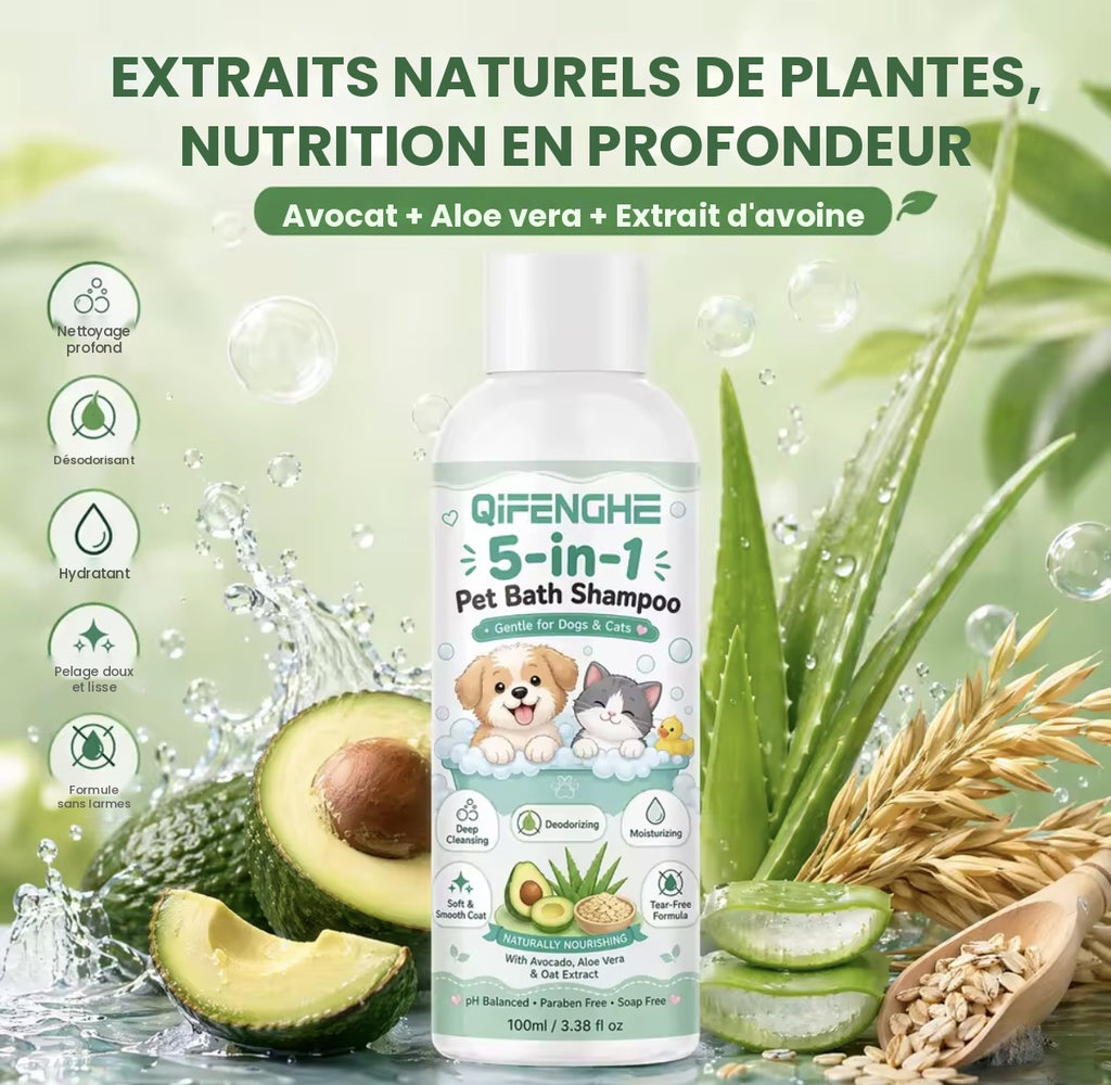 Shampoing 5-en-1 pour chien et chat – Avoine, aloès et avocat