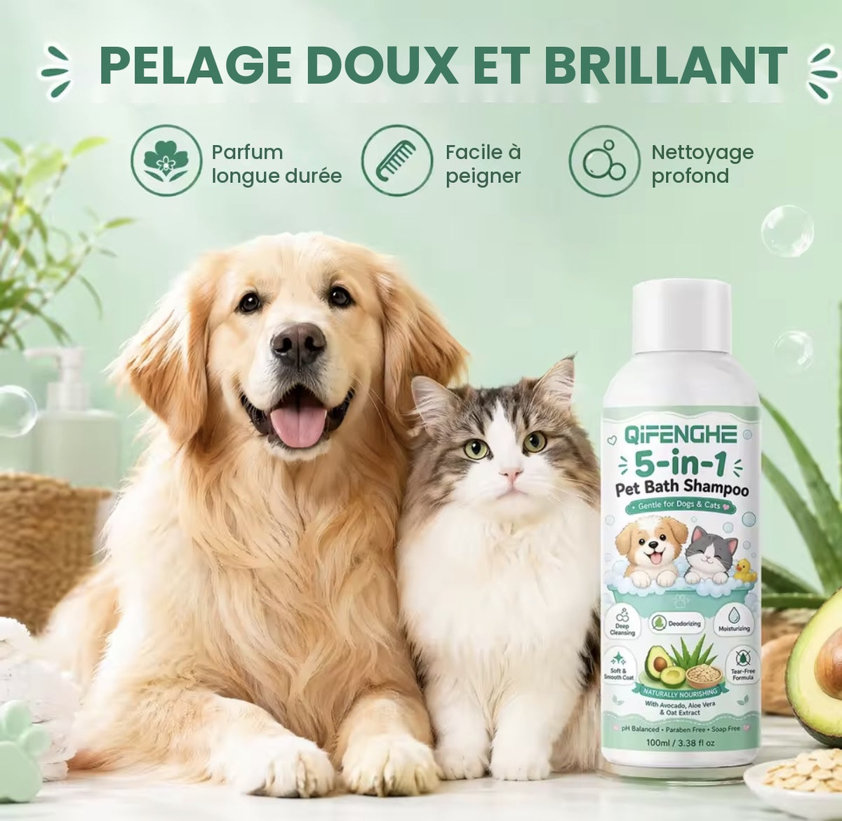 Shampoing 5-en-1 pour chien et chat – Avoine, aloès et avocat